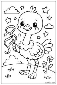 Kawaii Ostrich Holding Ribbon Wand Coloring Page