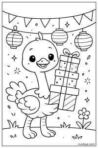 Kawaii Ostrich Holding Stacked Gifts Coloring Sheet