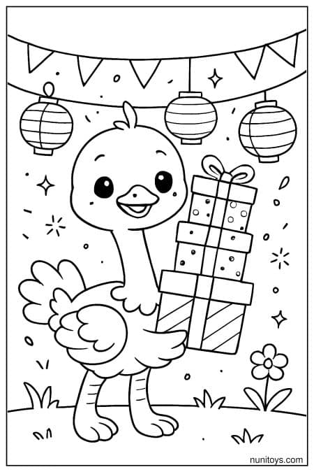 Kawaii Ostrich Holding Stacked Gifts Coloring Sheet