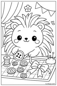 Kawaii Porcupine Sewing Buttons and Ribbon Coloring Sheet