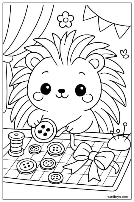 Kawaii Porcupine Sewing Buttons and Ribbon Coloring Sheet