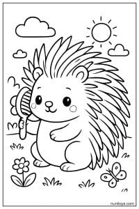 Kawaii Porcupine Brushing Quills in Sunny Garden Coloring Page