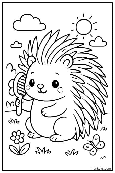 Kawaii Porcupine Brushing Quills in Sunny Garden Coloring Page