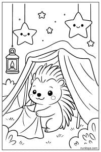 Kawaii Porcupine Camping Under Star Tent Coloring Page