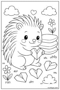 Kawaii Porcupine Folding Paper Hearts Coloring Page