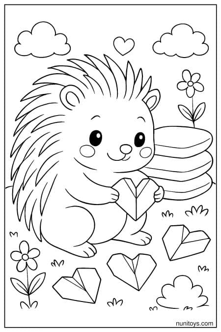 Kawaii Porcupine Folding Paper Hearts Coloring Page