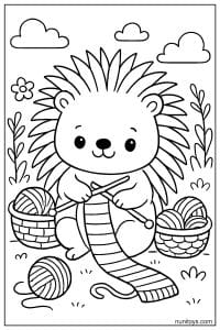 Kawaii Porcupine Knitting Scarf with Yarn Baskets Coloring Page