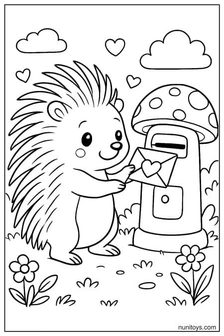 Kawaii Porcupine Mailing Heart Letter Coloring Page