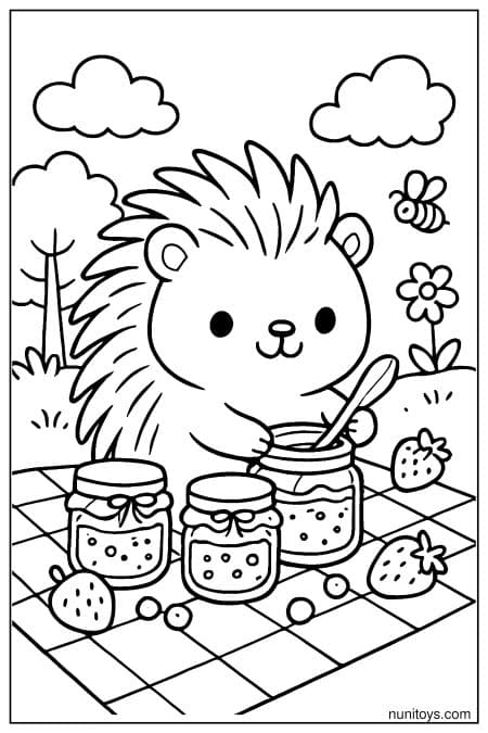 Kawaii Porcupine Making Strawberry Jam Coloring Page