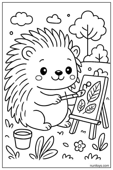 Cute Porcupine Painting Leaves Outdoors Coloring Page