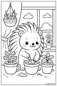 Kawaii Porcupine Planting Flowers by Window Coloring Page
