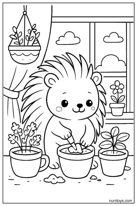 Kawaii Porcupine Planting Flowers by Window Coloring Page