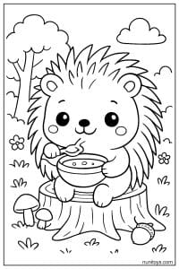 Kawaii Porcupine Eating Soup on Tree Stump Coloring Page