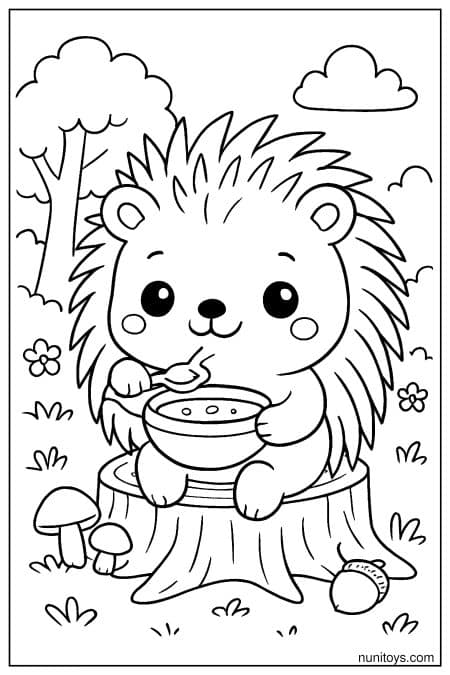 Kawaii Porcupine Eating Soup on Tree Stump Coloring Page