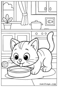 Coloriage chaton buvant dans sa gamelle dans la cuisine