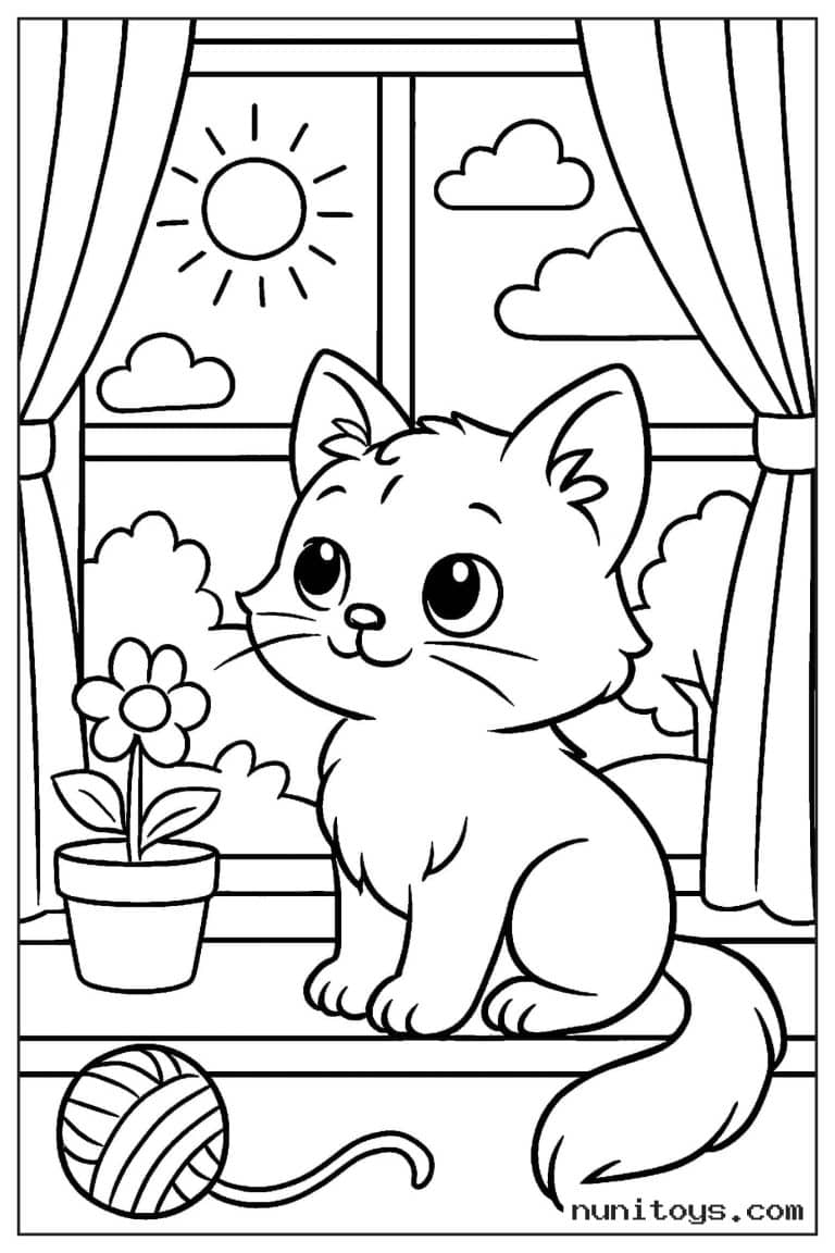 Coloriage d’un chaton assis près d’une pelote de laine