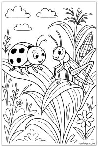Ladybug Chatting with Praying Mantis on Leaf Coloring Page