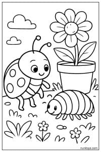 Kawaii Ladybug Looking at Caterpillar Near Flower Pot Coloring Page