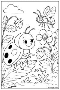 Kawaii Ladybug Exploring Strawberry Garden Coloring Page