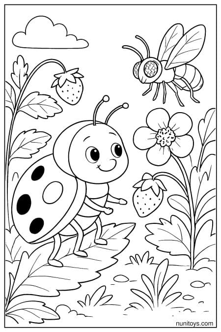 Kawaii Ladybug Exploring Strawberry Garden Coloring Page