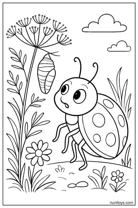 Kawaii Ladybug Watching Hanging Cocoon Coloring Page