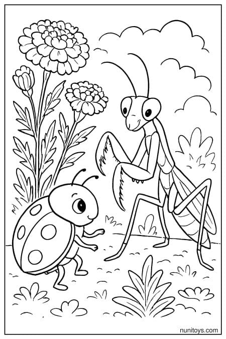 Ladybug Talking with Praying Mantis Coloring Sheet