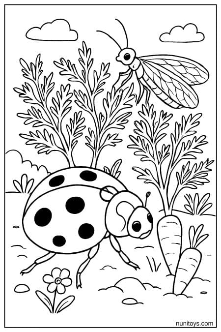 Ladybug Walking Through Carrot Garden Coloring Page