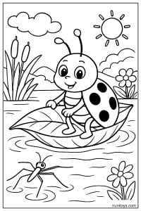 Kawaii Ladybug Riding Leaf Boat Coloring Sheet