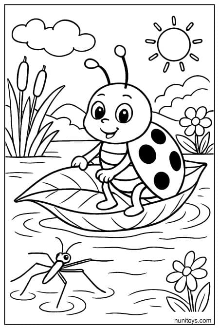 Kawaii Ladybug Riding Leaf Boat Coloring Sheet