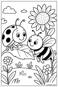 Ladybug Meeting Bee on Garden Leaf Coloring Page