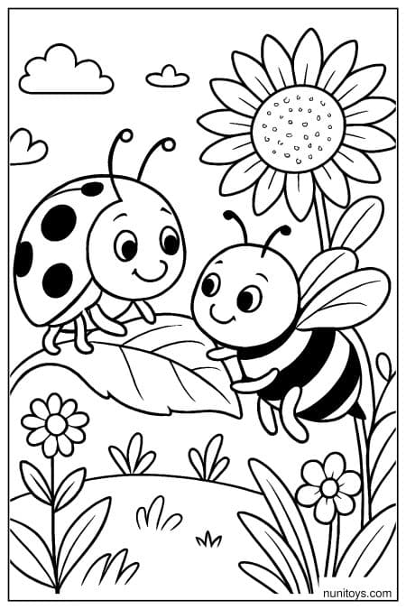 Ladybug Meeting Bee on Garden Leaf Coloring Page
