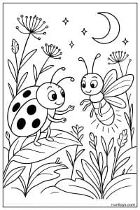 Kawaii Ladybug Meeting Firefly in Moonlit Garden Coloring Sheet