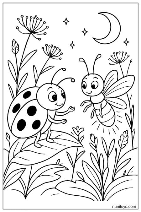 Kawaii Ladybug Meeting Firefly in Moonlit Garden Coloring Sheet