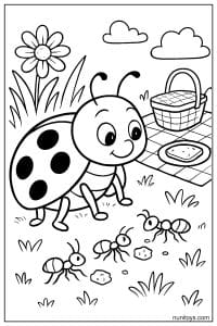 Ladybug Watching Ants Near Picnic Blanket Coloring Page