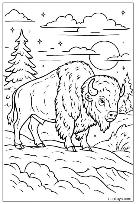 Large Bison Silhouetted on a Snowy Ridge at Dusk Coloring Page