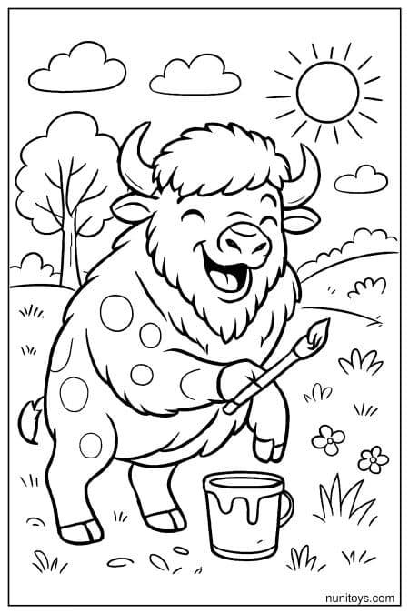 Happy Bison Painting Spots Coloring Page