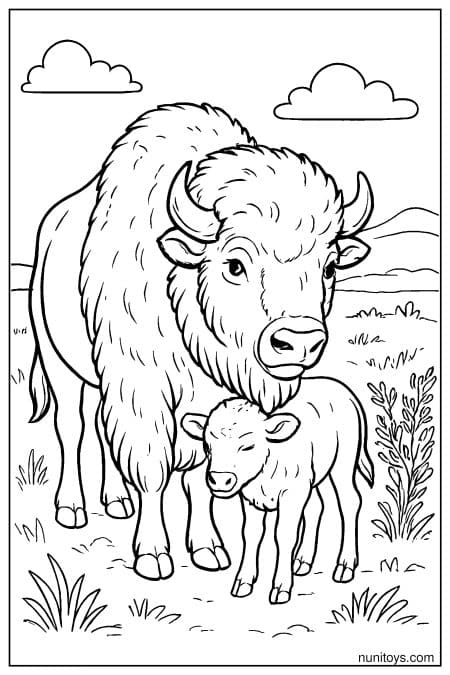 Mother Bison Guarding Calf Coloring Page