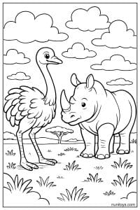 Ostrich Facing Rhino in Open Grassland Coloring Sheet