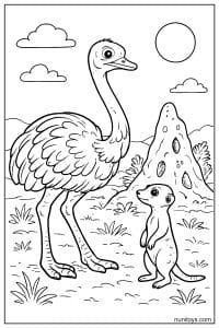 Ostrich Standing with Meerkat by Savanna Mound Coloring Page