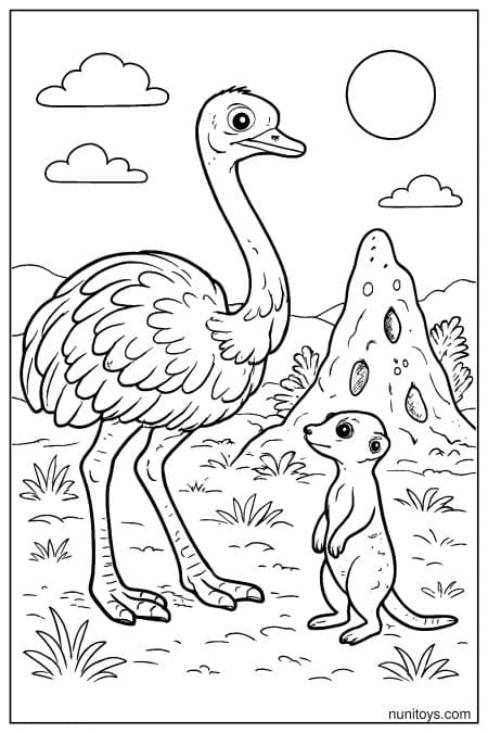 Ostrich Standing with Meerkat by Savanna Mound Coloring Page