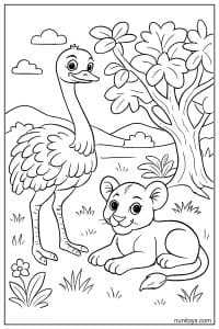 Ostrich Beside Lion Cub Under Tree Coloring Page