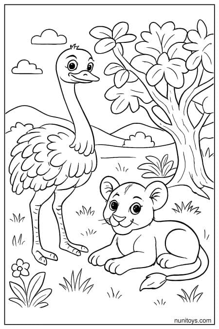 Ostrich Beside Lion Cub Under Tree Coloring Page