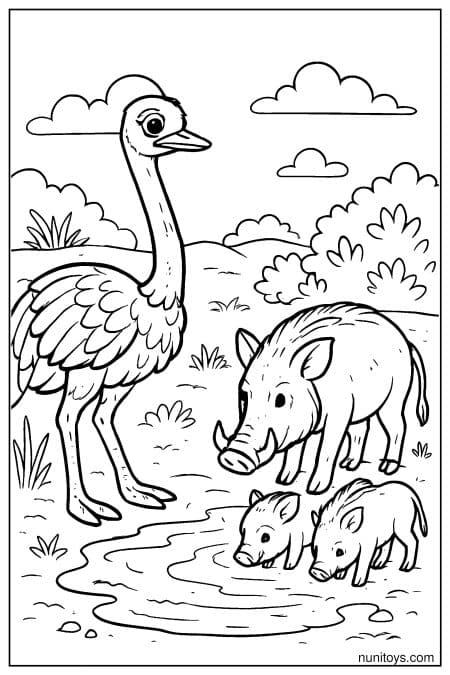 Ostrich with Warthog Family at Waterhole Coloring Sheet