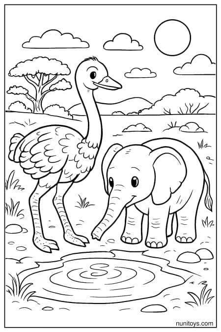 Ostrich and Baby Elephant at Waterhole Coloring Sheet