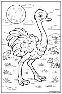 Ostrich Walking Through Moonlit Savanna with Hyenas Coloring Page