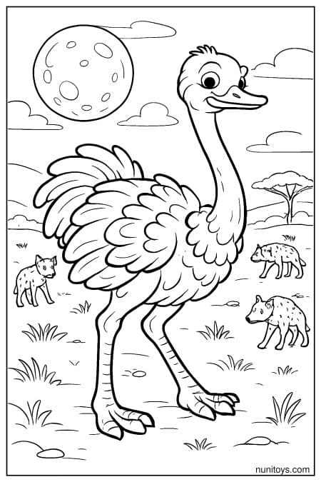 Ostrich Walking Through Moonlit Savanna with Hyenas Coloring Page