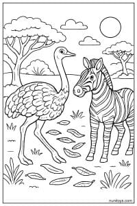 Ostrich and Zebra Standing in Savanna Coloring Page