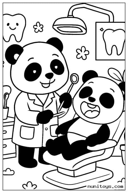 Dentist Panda Treating a Patient Coloring Page