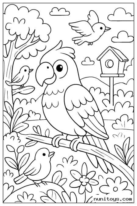Parrot with Small Birds Near a Birdhouse in Nature Coloring Page