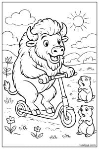Playful Bison Riding Scooter Past Surprised Prairie Dogs Coloring Page